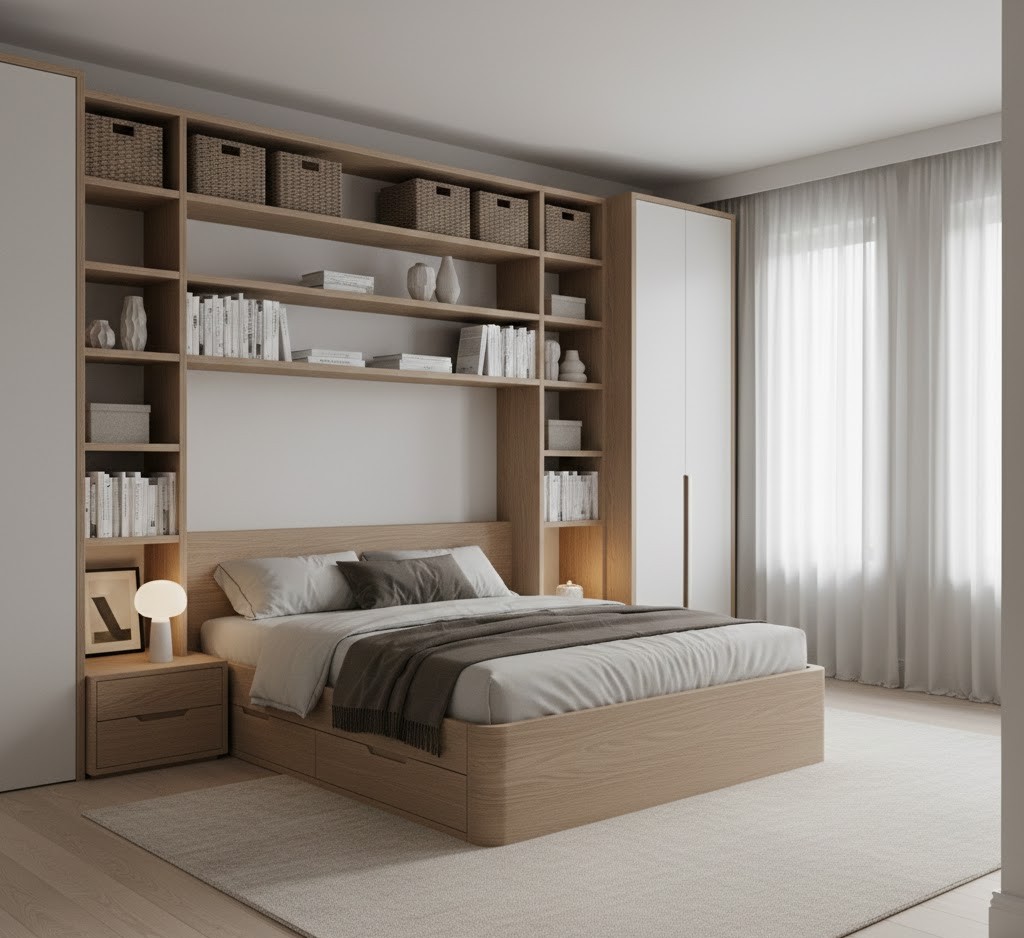 Elegant bedroom storage arrangement